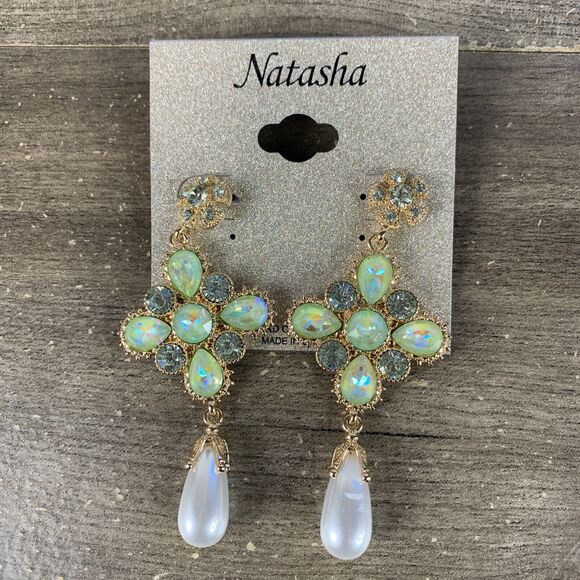 NATASHA Womens Dangle Chandelier Earrings Crystal Gold Tone with Pearl Drop - Picture 3 of 7